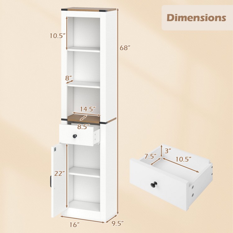 Dimensions of the 68-inch tall white bathroom cabinet with adjustable shelves and pull-out drawer for organized storage.