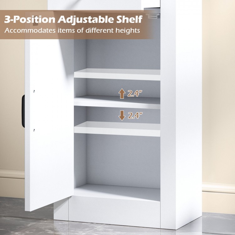 Adjustable shelf in a 68-inch tall white bathroom cabinet, designed for versatile storage and organization.