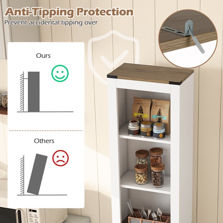 Narrow slim storage organizer unit with anti-tipping protection, adjustable shelves, and pull-out drawer for versatile.