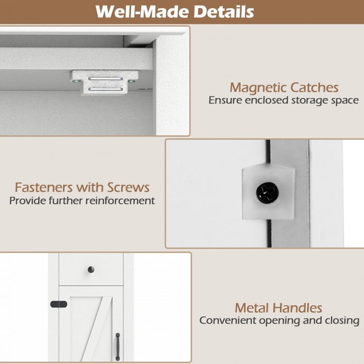 Close-up of the 68-inch tall white bathroom cabinet showing magnetic catches and metal handles for convenient access.