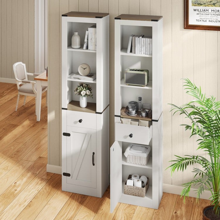 Tall white bathroom cabinet with barn door, adjustable shelves, and pull-out drawer for organized storage in any room.
