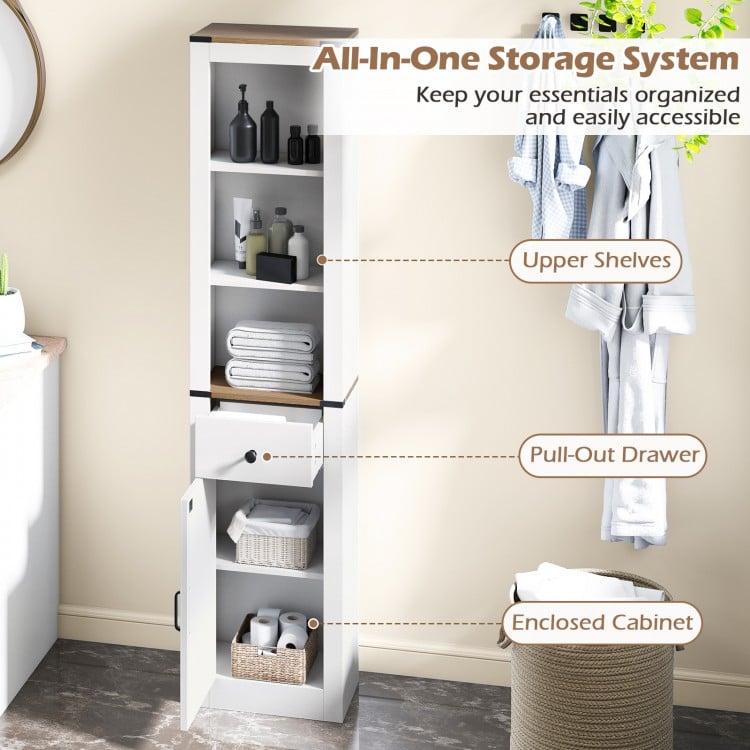 Narrow 68-inch tall bathroom cabinet in white with upper shelves, pull-out drawer, and enclosed cabinet for organized.