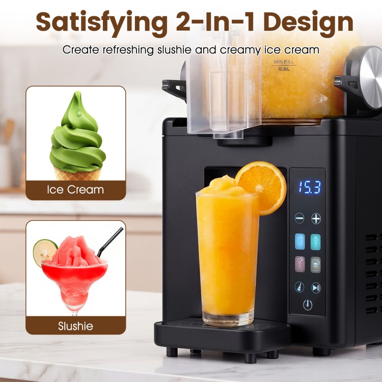 Frozen drink maker in black with 68 oz capacity, designed for making slushies and ice cream in just three steps.