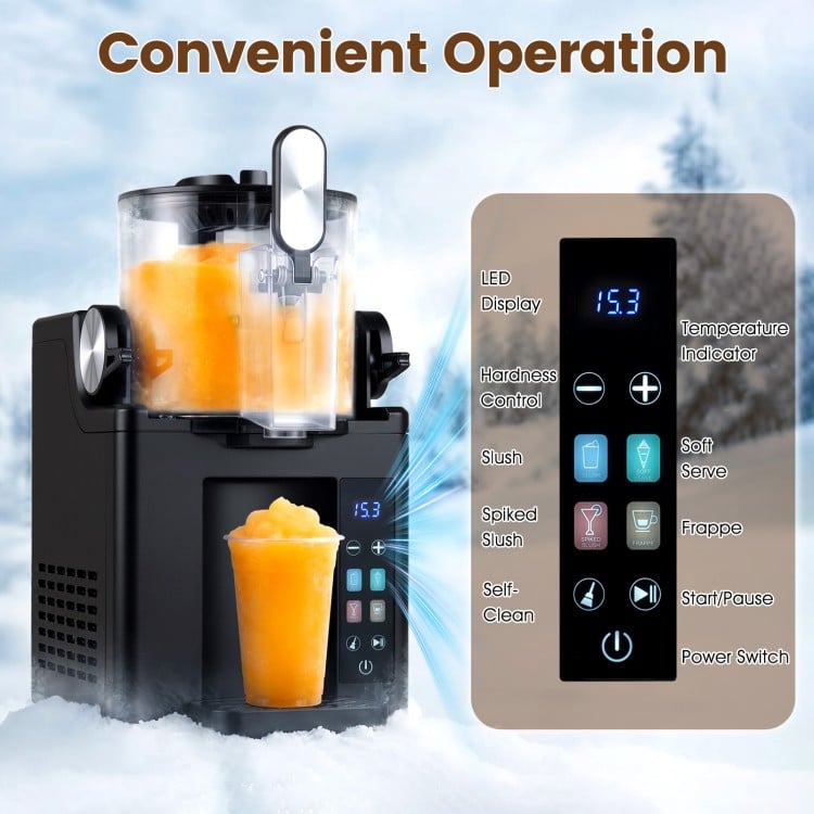 68 oz frozen drink maker in black with LED display, hardness control, and four preset modes for making slushies and ice cream.