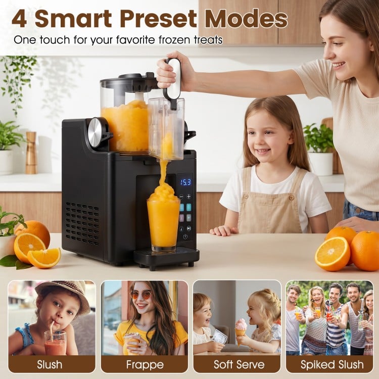 Frozen drink maker in black with 68 oz capacity, featuring 4 preset modes for slushies, soft serve, and frappe.