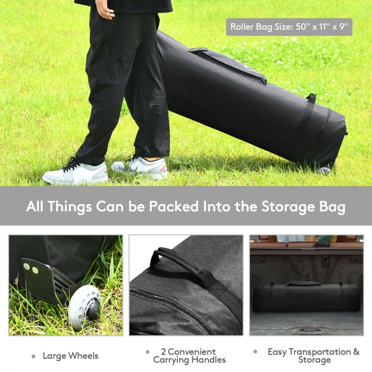 Wheeled storage bag for the 17x10 feet pop-up canopy, featuring large wheels and two carrying handles for easy.