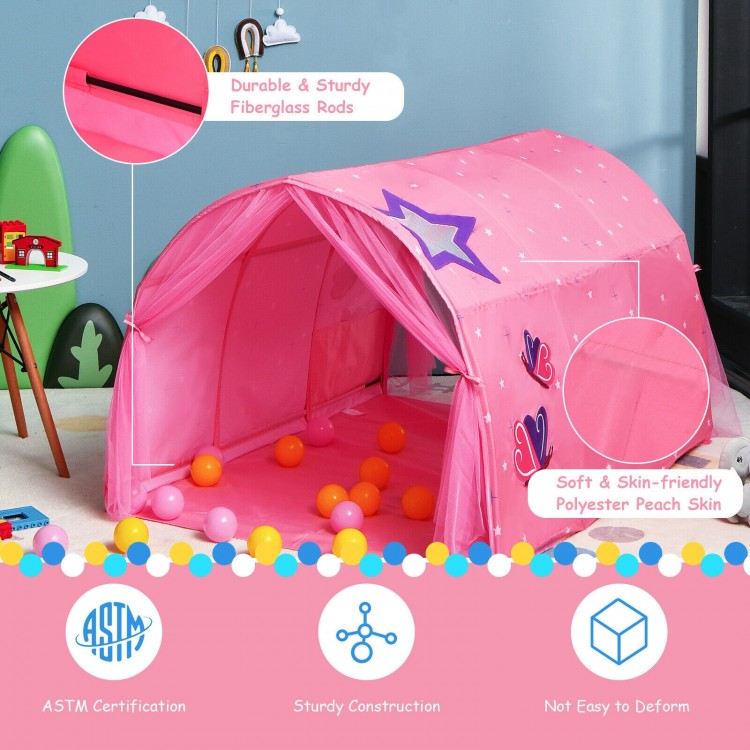 Pink kids play tent with double net curtain, made of soft peach skin fabric and sturdy fiberglass rods for indoor fun.