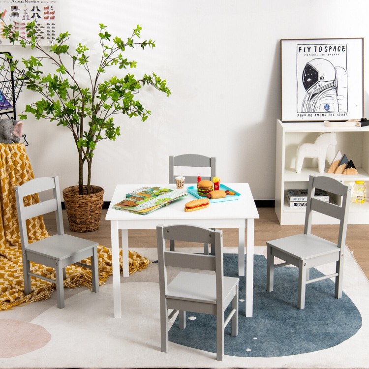 Gray chair from the kids' 5-piece table and chair set, designed for comfort and safety, perfect for toddlers' playrooms.