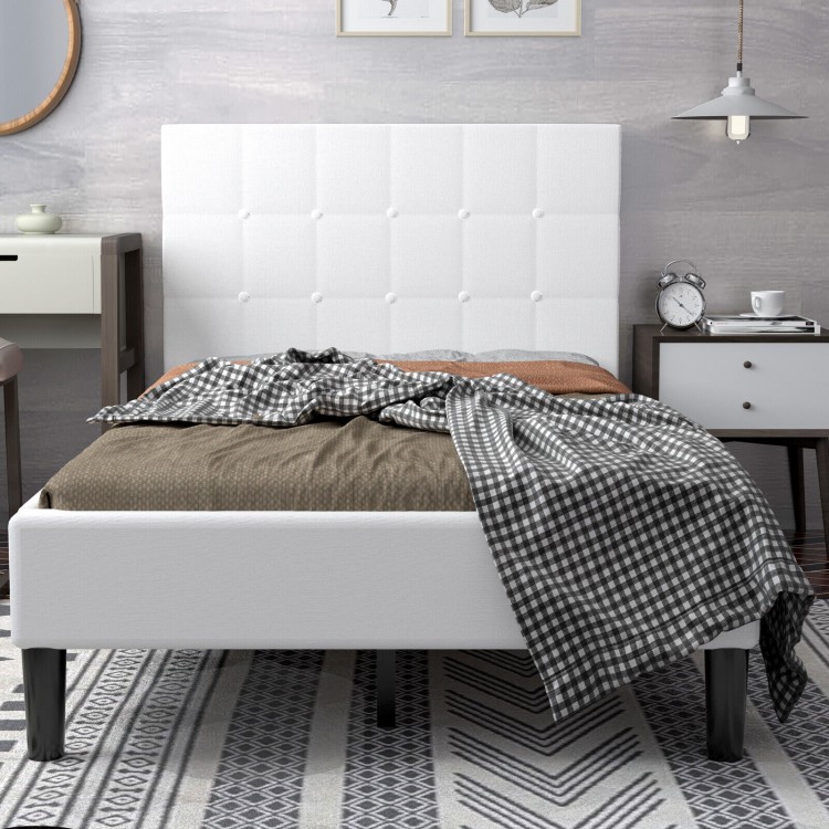 Beige platform bed with button tufted headboard, sturdy construction, and 7" under-bed storage for modern bedroom decor.