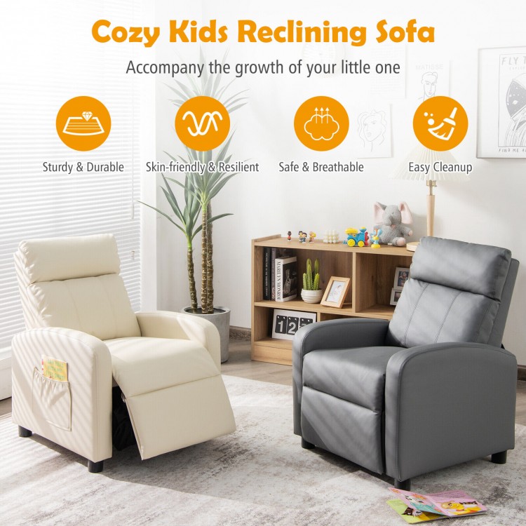 Cozy white kids recliner sofa with adjustable backrest, high-density sponge padding, and waterproof PU leather for ages.