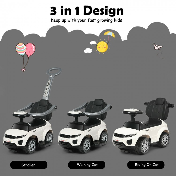 3 in 1 ride-on push car in white, convertible to stroller and walking car, with music and safety features for toddlers.
