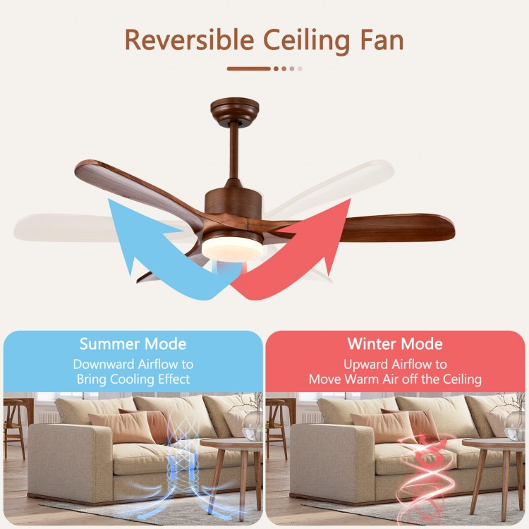52-inch reversible ceiling fan in brown with LED light, remote control, and adjustable airflow for summer and winter.