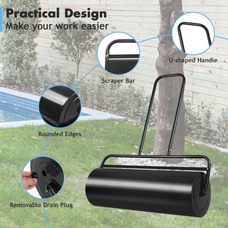 36 x 12 inch black metal lawn roller with U-shaped handle, designed for easy pushing and leveling in gardens and patios.