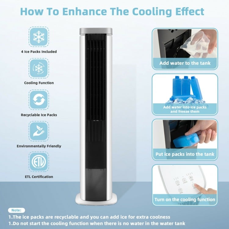 3-in-1 portable evaporative air cooler in white with ice packs for enhanced cooling, ideal for home or office use.