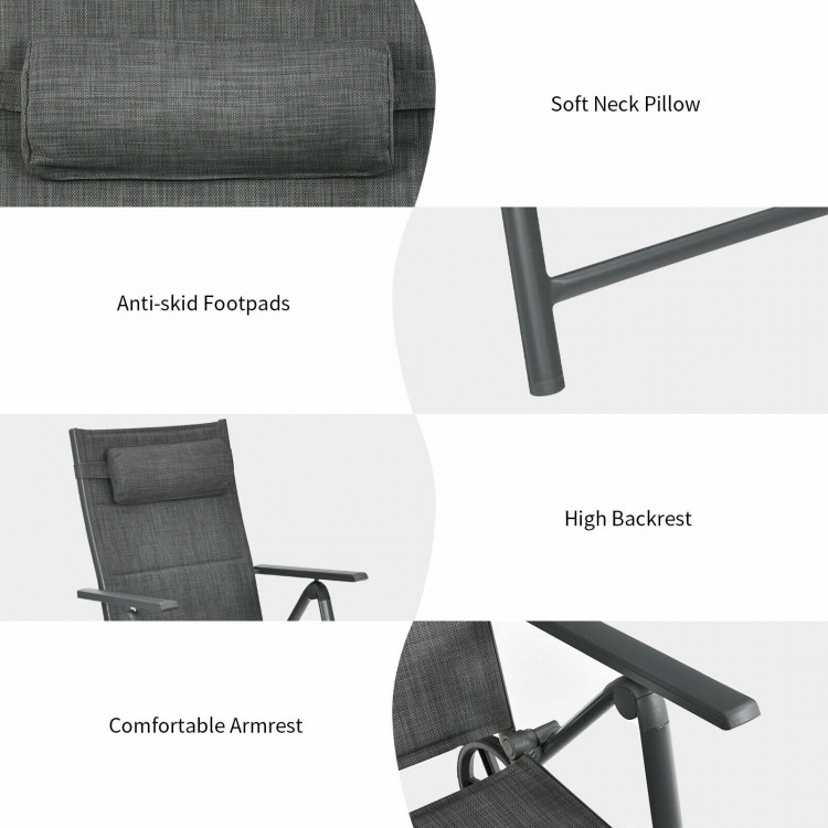Gray patio reclining chaise lounge with adjustable neck pillow, high backrest, and comfortable armrests for outdoor.
