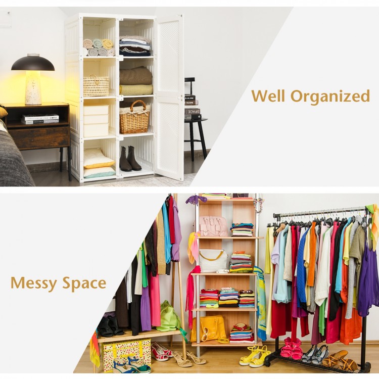 Foldable armoire wardrobe closet with 8 cubby storage, compact design for organizing clothing and bedding in any room.