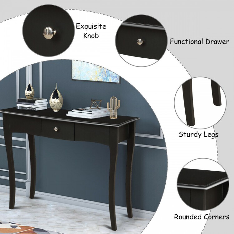 Close-up of the exquisite knob and rounded corners on a modern console table, crafted from acacia wood and MDF.