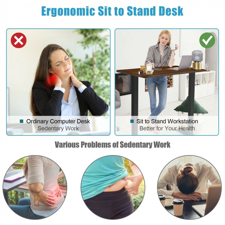 Electric height adjustable standing desk in walnut finish, ergonomic design for comfortable sit-to-stand work.