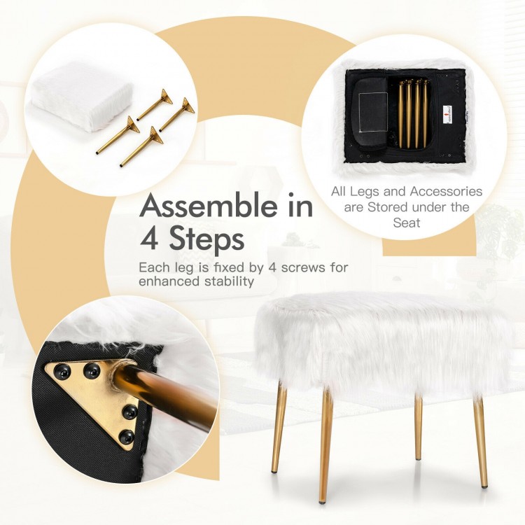 Faux fur vanity stool with golden metal legs, showcasing assembly details and storage for legs under the seat.