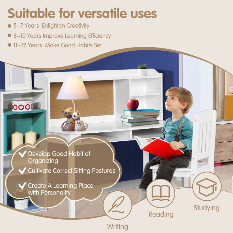 Kids desk and chair set in white with hutch and bookshelves, perfect for studying and organizing learning supplies.
