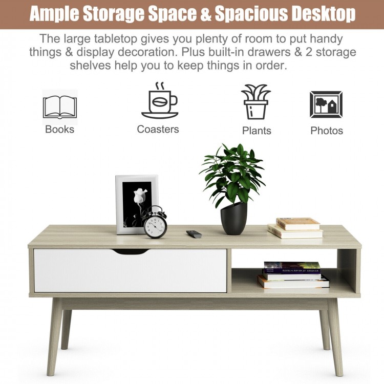 Coffee cocktail accent table in gray with drawer and two open shelves, perfect for stylish storage in living spaces.