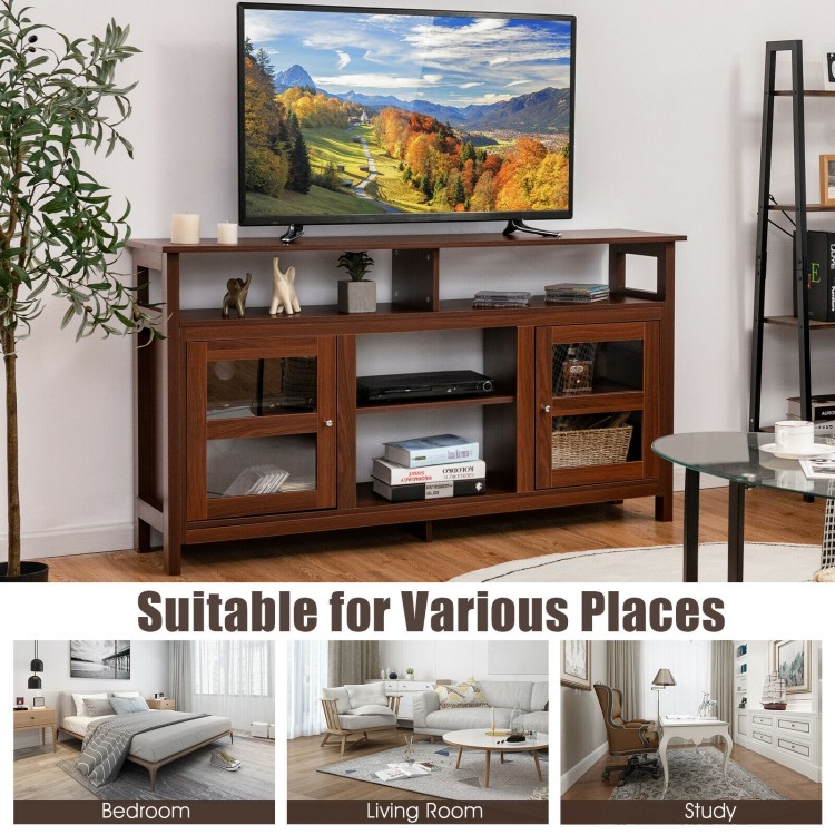 58-inch brown TV stand with 2 cabinets and open shelves, perfect for living room or study, made of durable engineered.