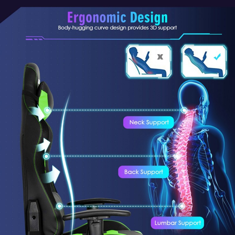 Ergonomic gaming chair with adjustable lumbar support, RGB LED lights, and thick sponge padding for ultimate comfort.
