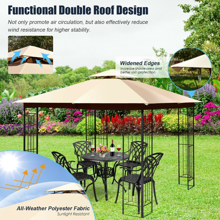 L-shaped 10x10 feet patio gazebo with beige polyester canopy and steel structure, ideal for outdoor relaxation and.