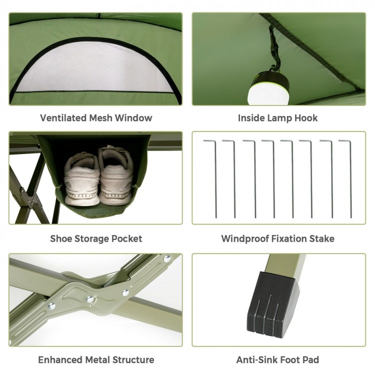 Ventilated mesh window and shoe storage pocket of the 2-person outdoor camping tent with external cover in green.