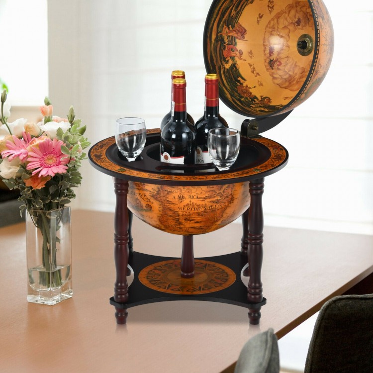 Globe wine bar stand with brown finish, holds 3 bottles and glasses, perfect for dining room or living room storage.
