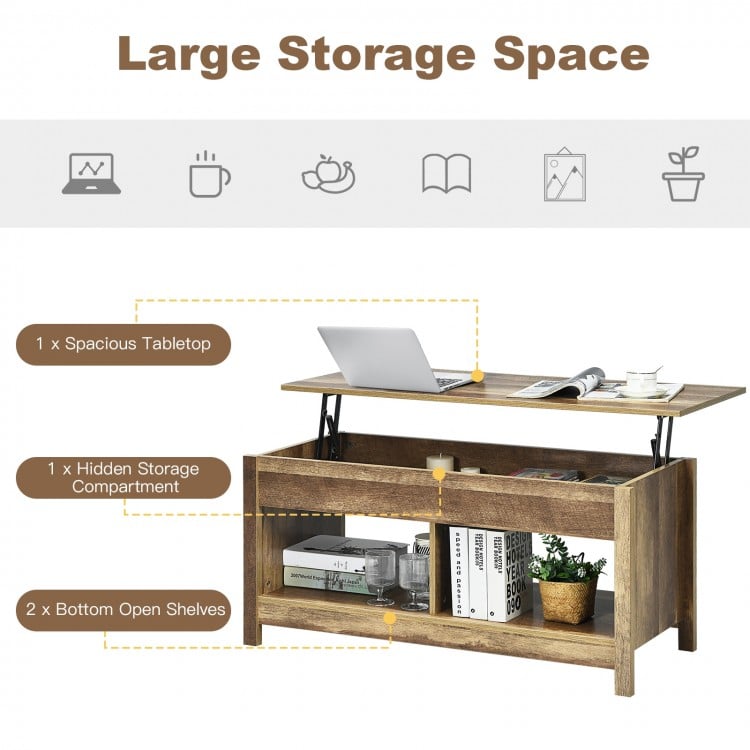 Lift top coffee table in natural finish with hidden storage compartment and lower shelves for versatile home use.