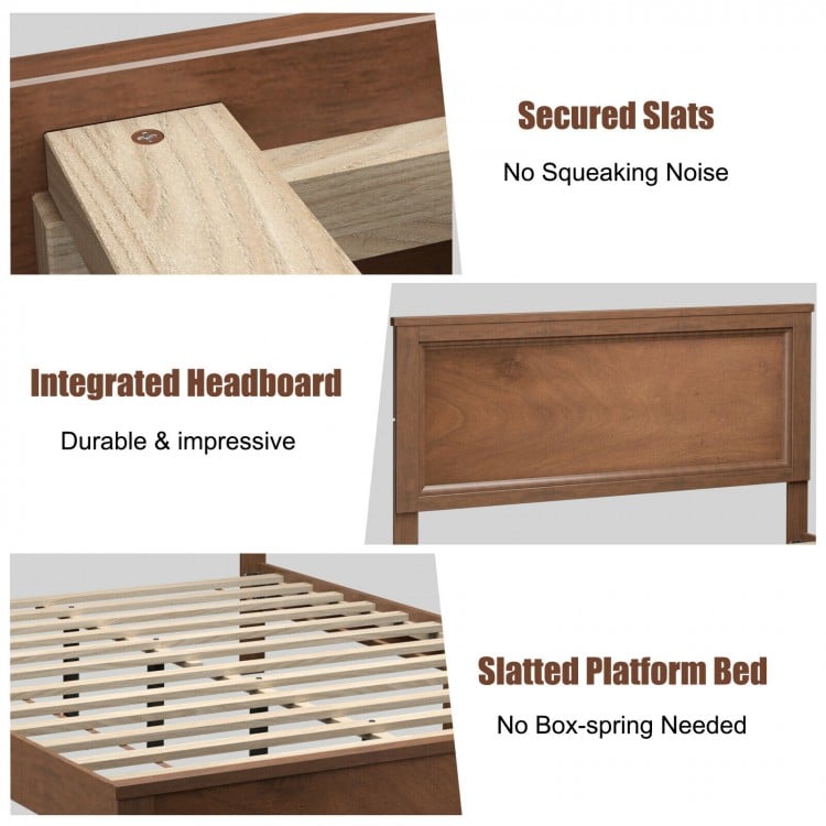 Close-up of the slatted platform bed frame in walnut, featuring an integrated headboard and secured slats for.