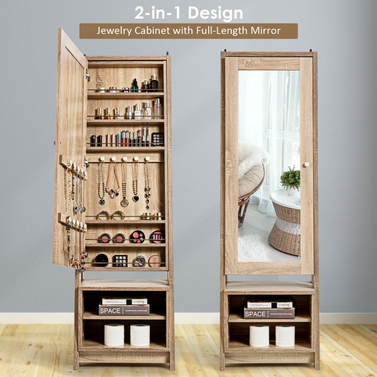 Freestanding 2-in-1 wooden jewelry cabinet with full-length mirror, featuring ample storage for cosmetics and jewelry.