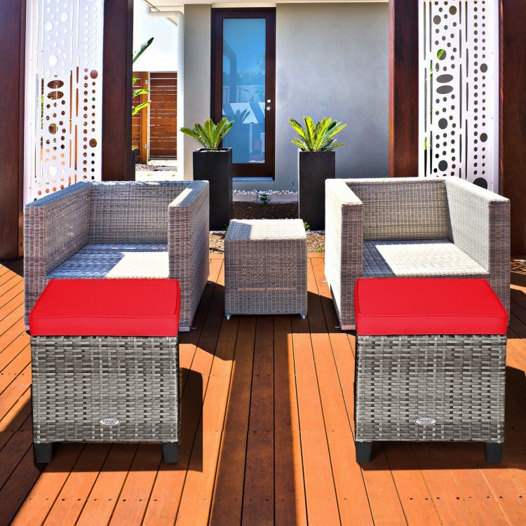 Two-piece patio rattan wicker ottomans with removable red cushions, perfect for outdoor use in garden or poolside.