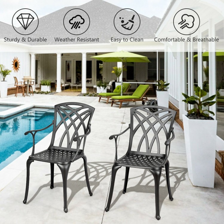 Set of two durable aluminum dining chairs with armrests, featuring a hollow out design for comfort, perfect for outdoor.