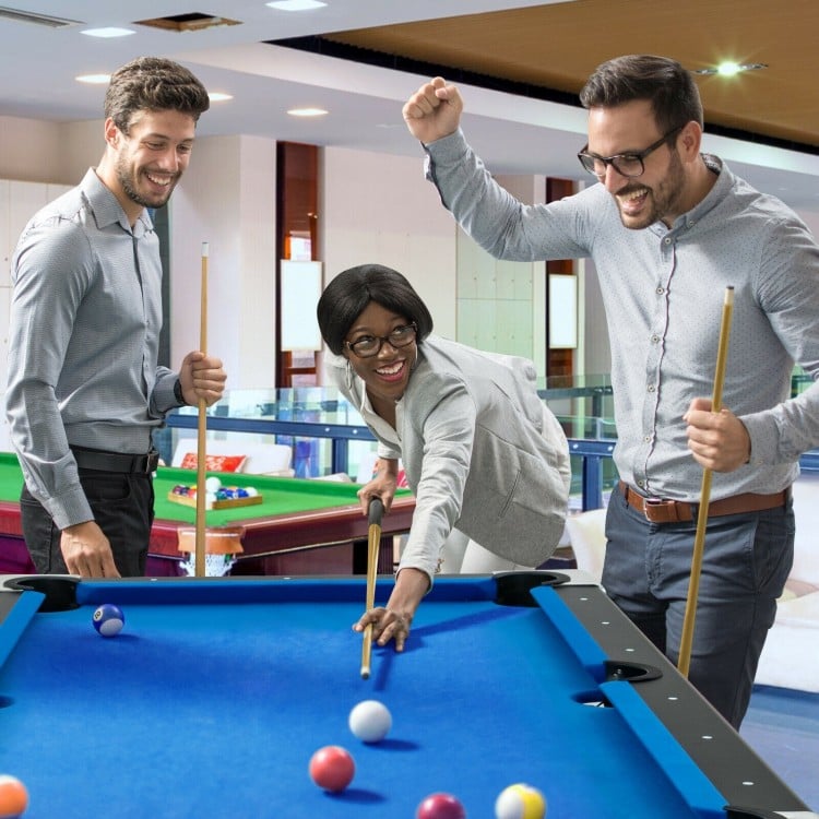 Foldable 6 feet billiard pool table with blue felt, featuring steel legs and complete accessories for indoor recreation.