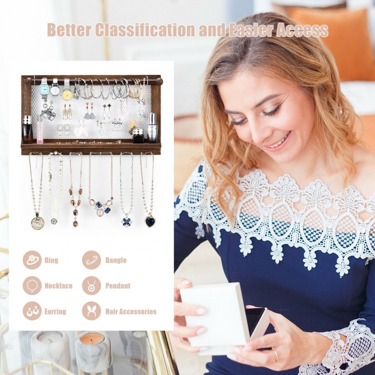 Jewelry rack with removable bracelet rod, made of durable pine wood, featuring metal hooks for easy access to earrings.