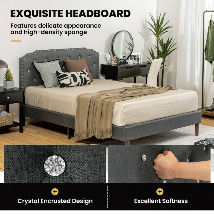 Upholstered bed frame with adjustable diamond button headboard, featuring a crystal encrusted design and high-density.