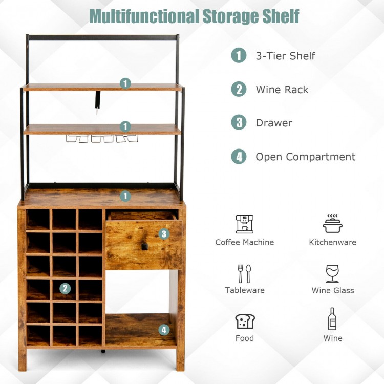 Multifunctional kitchen baker's rack in rustic brown with 3-tier shelves, wine rack for 18 bottles, and drawer for.