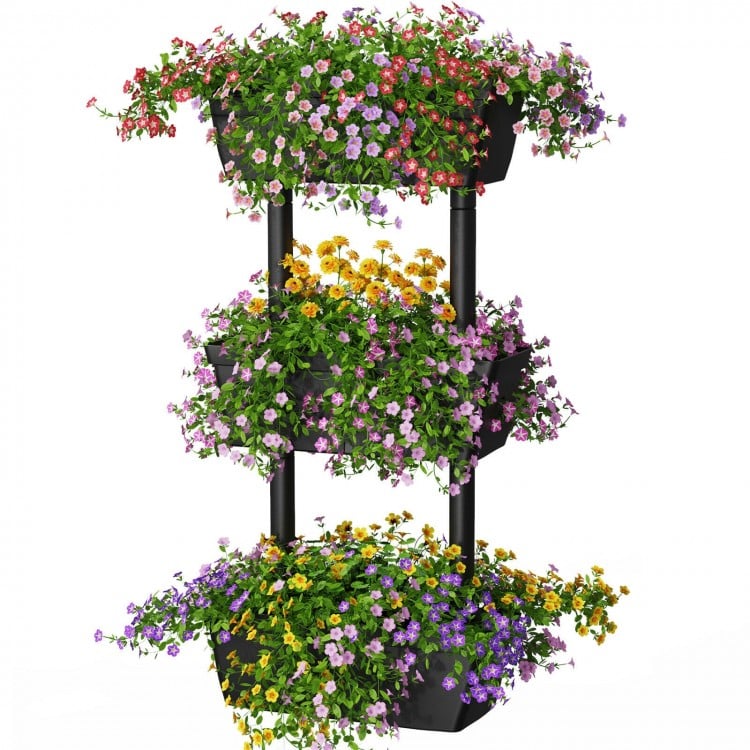 Three-tier vertical plant stand with colorful flowers, made of durable PP, ideal for indoor and outdoor gardening.