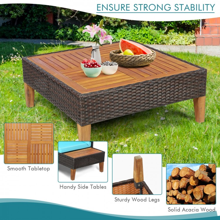 Square coffee table with smooth acacia wood top and sturdy rattan legs, ideal for outdoor patio use.