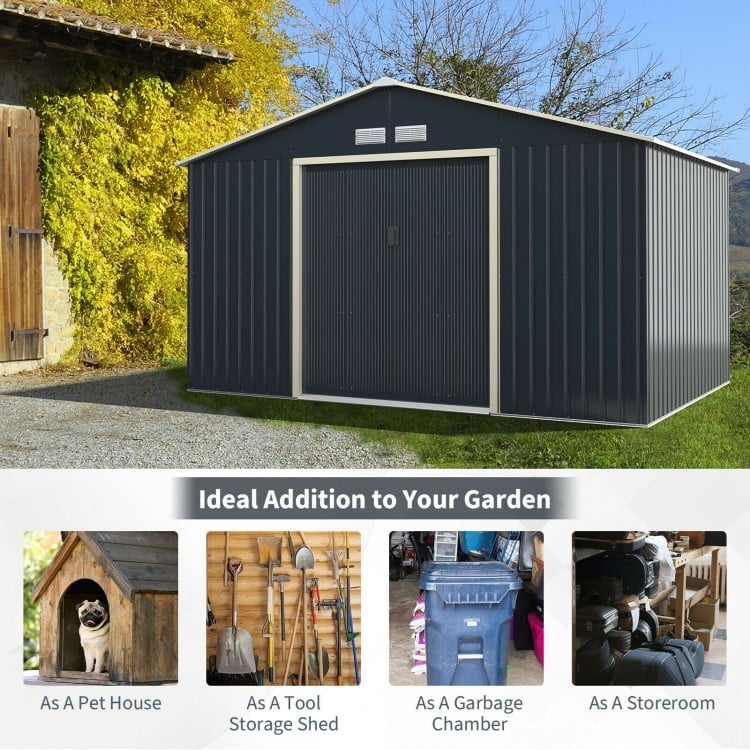 Metal storage shed with double sliding doors, gray color, ideal for garden tools, pet house, or garbage storage.