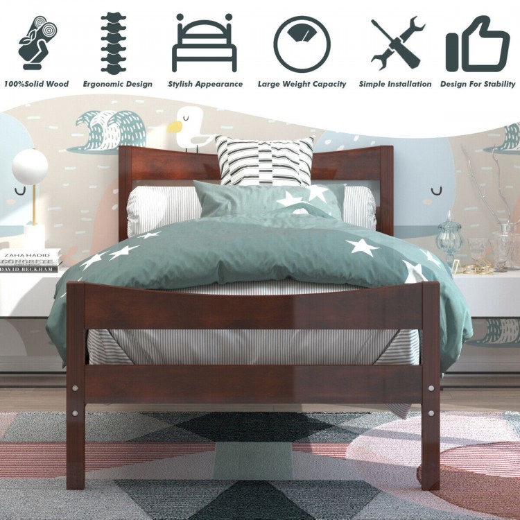 Twin size walnut platform bed frame with solid wood, slat support, and elegant design for compact spaces.