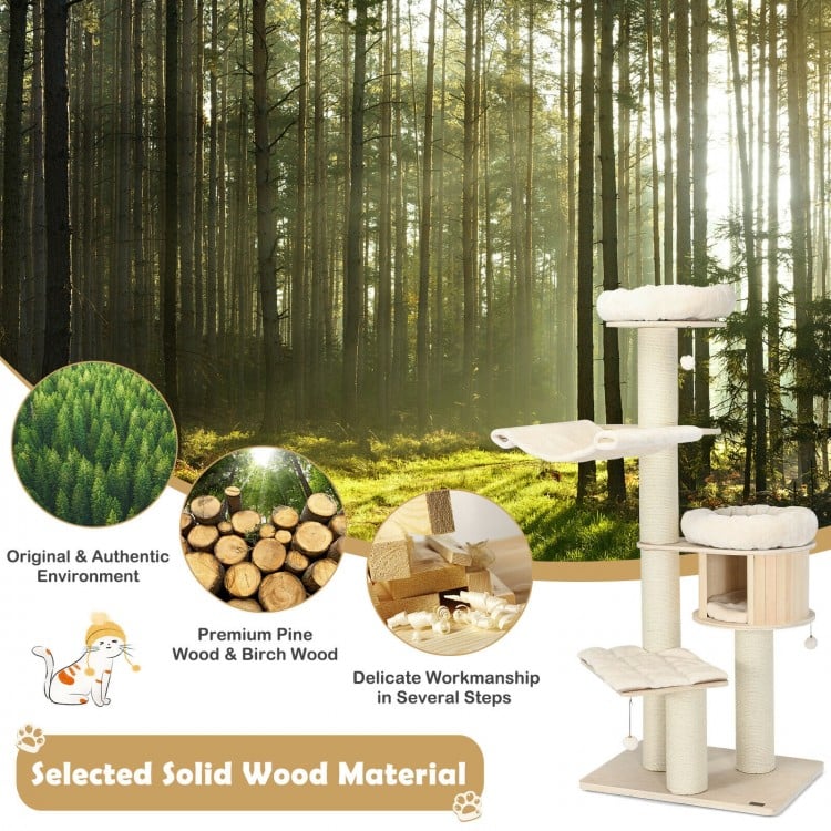4-layer 68.5-inch wooden cat tree with plush coverings, sisal posts, and large condo for cozy cat lounging and play.