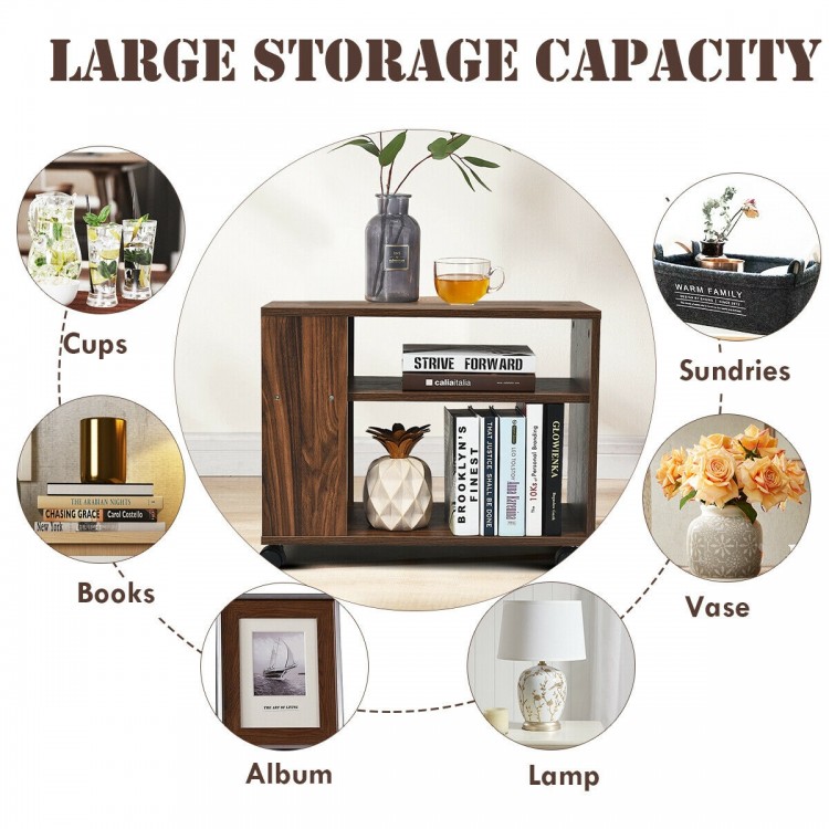 Multifunctional 3-tier side table with wheels, made of particle board, offering large storage for books and decor.