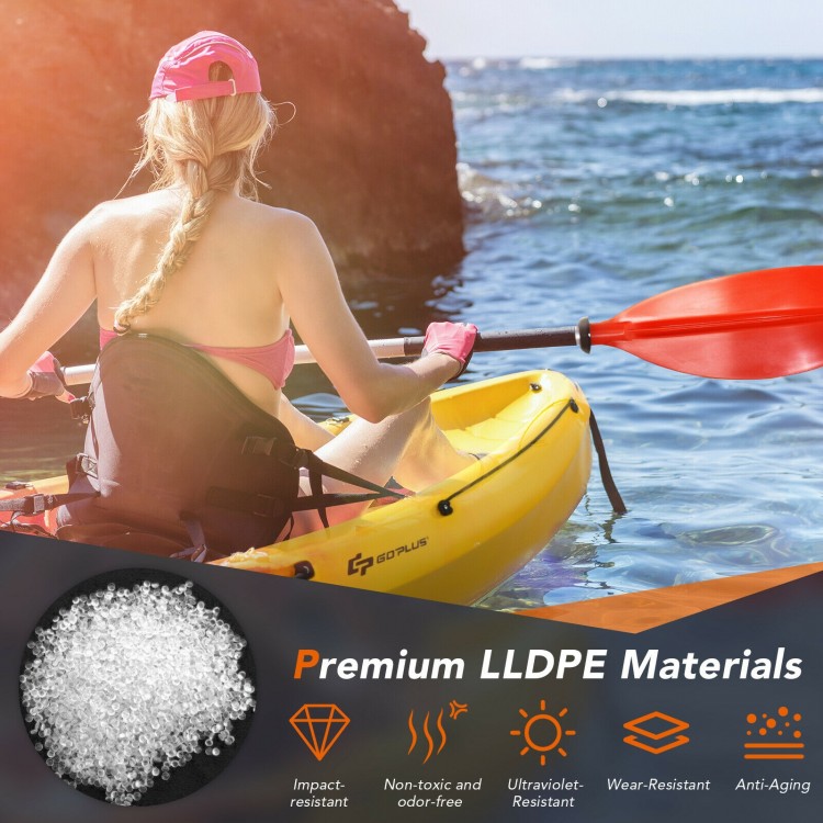 Single sit-on-top kayak in yellow with detachable aluminum paddle, made of durable LLDPE for fishing and sightseeing.