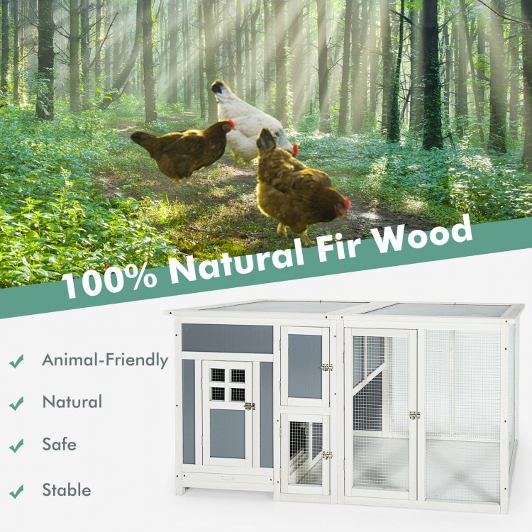 Large wooden chicken coop made of 100% natural fir wood with run box, nesting area, and waterproof PC roof for outdoor.