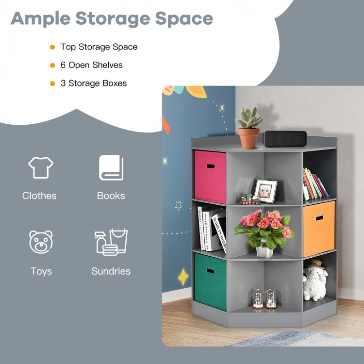 3-tier gray kids storage shelf corner cabinet with 6 open shelves and 3 colorful baskets for organizing toys and books.