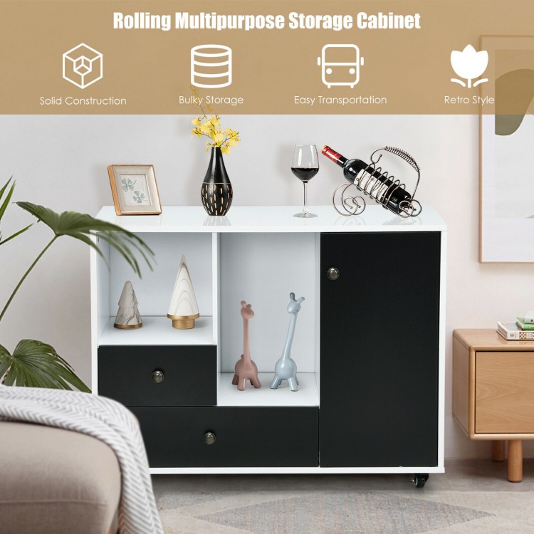 Lateral mobile filing cabinet in black with 2 drawers, 2 shelves, and wheels for easy transportation and storage.