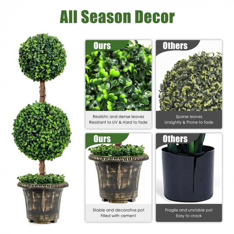 Artificial 36-inch double ball tree with UV protection, featuring dense PE leaves and a stable cement-filled pot for.